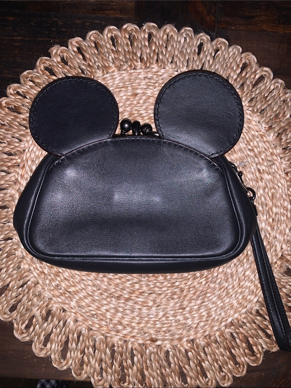 Coach & Disney Black Mickey Mouse Ear-Accent Wristlet Kiss Lock Clutch